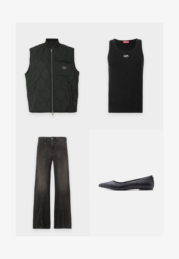 Sort quiltet vest med høj krave, lynlås foran og lomme på venstre bryst. Strukturmønster og mærke på lommen.; Sort tanktop lavet af bomuldsstof med rund halsudskæring, ærmeløs design og lille hvidt logo på brystområdet.; Sort denim i brede ben med en falmet finish, med to forlommer og syede detaljer langs sømmene. Høj talje.; Sort flad lædersko med spidst tåparti og lav hæl, vist i sideprofil mod en hvid baggrund.