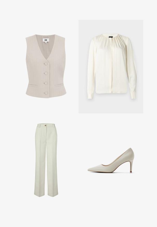Beige ærmeløs vest med stikstribet mønster, V-halsudskæring, fem runde knapper, to sidelommer og struktureret pasform.; Langærmet bluse i off-white silke. Har en rund halsudskæring, bløde plisseringer ved skuldrene og knaplukninger ved ærmerne. Glat tekstur og minimalistisk design.; Off-white, lige bukser med bæltestropper og enkelt knaplukning i taljen.; Enkelt beige læder højhælet pumpe med spids tå og slank hæl på en hvid baggrund.