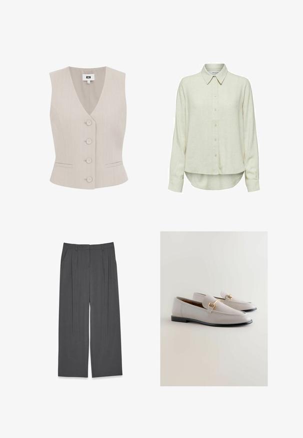 Beige ærmeløs vest med stikstribet mønster, V-halsudskæring, fem runde knapper, to sidelommer og struktureret pasform.; Lys beige langærmet skjorte lavet af blødt stof, med krave, knaplukning foran og rundet kant med sideslids.; Grå vid benbukser lavet af et glat stof, med folder foran og sidelommer. Simpelt design med en struktureret pasform.; Lys grå læder loafers med et strømlinet design, der har guldfarvet detaljer og en sort sål. Glat tekstur og spids tåform.