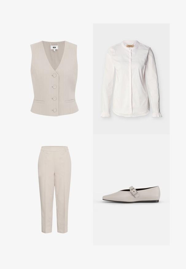 Chaleco sin mangas beige con patrón a rayas, escote en V, cinco botones redondeados, dos bolsillos laterales y corte estructurado.; Blusa blanca de manga larga con cuello mao, tapeta de botones oculta, sutiles rayas verticales y puños con volantes, mostrada sobre un fondo liso.; Pantalones beige a medida hasta el tobillo con pliegues frontales, piernas rectas y cintura elástica.; Zapato plano de cuero beige con punta afilada, un detalle de hebilla lateral y suela negra baja. Textura suave y diseño minimalista.