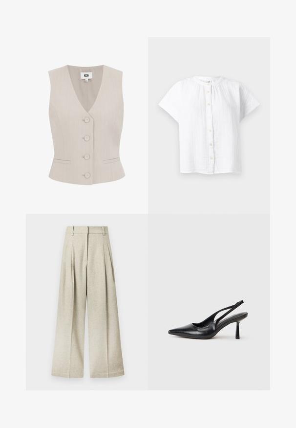 Chaleco sin mangas beige con patrón a rayas, escote en V, cinco botones redondeados, dos bolsillos laterales y corte estructurado.; Blusa blanca de manga corta con botones, escote redondo y textura vertical sutil, mostrada extendida sobre un fondo claro.; Pantalones de pierna ancha en tela gris clara con acabado texturizado, con pliegues delanteros y cinturilla plana, sin bolsillos visibles.; Zapato de tacón alto negro de cuero con puntera afilada y tacón delgado sobre un fondo blanco.