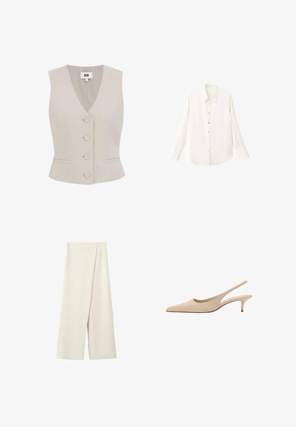 Beige mouwloze vest met een streeppatroon, V-hals, vijf ronde knopen, twee zijzakken en gestructureerde pasvorm.; Witte blouse met lange mouwen, knoopsluiting, een klassieke kraag en knopen aan de voorkant; gemaakt van een soepel, lichtgewicht stof en met een afgeronde zoom.; Crèmekleurige broek met wijde pijpen, een hoge taille en een overlappend voorpaneel.; Beige leren pumps met een spitse neus en een lage kittenhak, slingback en een gladde afwerking.