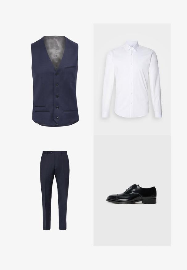 Gilet bleu marine avec un col en V, six boutons noirs, deux poches avant avec des coutures fines et un intérieur en satin lisse.; Chemise blanche à manches longues avec boutons, fabriquée en coton lisse, dotée d'un col classique, d'une fermeture à boutons et d'un ourlet arrondi.; Boggi Milano BIRD S EYE - Pantalon classique - navy blue; Chaussure de ville en cuir noir avec une finition polie, bout rond, design à lacets et un petit talon empilé, présentant un détail de couture subtil.