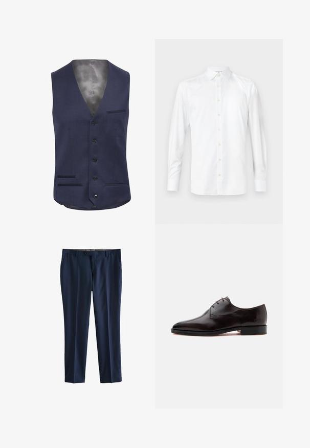 Marineblauwe vest met een V-hals ontwerp, zes zwarte knopen, twee voorzakken met fijne stiksels en een gladde satijnen binnenkant.; Witte blouse met lange mouwen van gladde stof, met een klassieke kraag, knoopsluiting aan de voorkant en knoopmanchetten. Eenvoudig, strak ontwerp.; Navyblauwe broeken met een gladde textuur, recht gesneden ontwerp, riemlussen en een knoopsluiting. Voorzien van zijzakken en een nette afwerking.; Donkerbruine gepolijste leren herenschoenen met gesloten vetersluiting en lage hak, zijaanzicht op witte achtergrond.