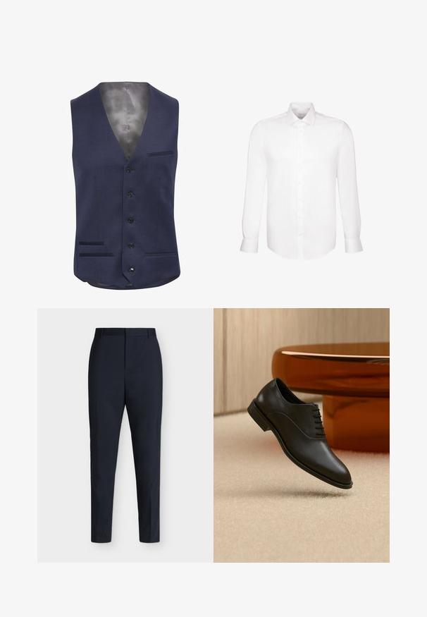 Gilet bleu marine avec un col en V, six boutons noirs, deux poches avant avec des coutures fines et un intérieur en satin lisse.; Chemise homme blanche à manches longues avec col pointu et poignets boutonnés, présentée sur un fond blanc uni.; Pantalon formel bleu marine coupe slim avec passants pour ceinture et fermeture avant dissimulée, présenté à plat sur un fond clair uni.; Chaussure de costume en cuir noir poli à lacets flottant au-dessus d’un tapis beige, avec une grande table ronde en verre de couleur ambre en arrière-plan.