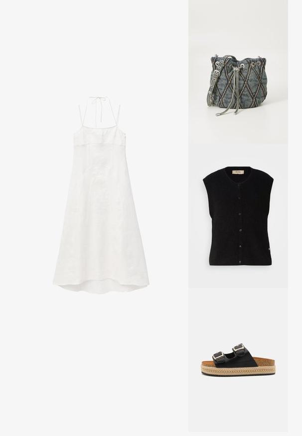Zwarte wol mouwloze vest met een ronde halslijn, sluiting met knopen aan de voorkant en subtiele logodetail op de zoom. Zachte textuur, minimalistisch design.; Witte mouwloze halterjurk met dunne bandjes en een licht uitlopende, asymmetrische zoom.; Zwarte slippers met dubbele gespsluitingen, geweven jute platformzool versierd met gouden kralen en een kurken voetbed. Gestructureerde rubberen buitenzool.; Denim emmer tas met een diamant-quilt patroon, grijze trekkoordsluiting, zilveren hardware accenten en een zachte textuur, met een afneembare schouderband.