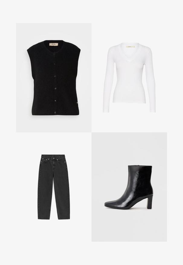 Must must vest ilma varrukatega mustas värvuses, ümmarguse kaelusega, esise nup closure ja peene logoga detail alläärs. Pehme tekstuur, minimalistlik disain.; Valge pikakäistaruline topp, millel on soonikustruktuur ja V-kaeluse disain. Omab vormitud lõiget ja peeneid õmblusi kaelusel ja servas.; Mustad kõrge vöökohaga sirgete säärtega teksad, viie tasku, nööpidega kinnituse ja nähtava õmblusega valgel taustal.; Mustad muste nahkasaapad, millel on terav varvas ja keskmise paksusega konts, sile tekstuur ja lihtne disain.