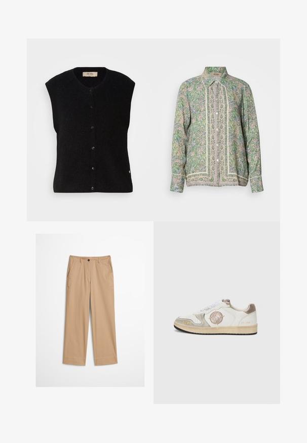 Must must vest ilma varrukatega mustas värvuses, ümmarguse kaelusega, esise nup closure ja peene logoga detail alläärs. Pehme tekstuur, minimalistlik disain.; Roheline lillemustriga nööbitav särk pikade varrukatega, millel on kontrastne heledavärviline äär ja keerukad mustrid esiküljel. Kerge kangas.; Beežid puuvillased püksid sirgete säärtega, ees nööpidega kinnitatavad ja siledat tekstuuri omavad. Omavad tavalisi vööaasasid ja sileda eesosa disaini.; Valged tossud hallide nubukaktsentidega, ümar logoplaastriga, kuldsete tähtedega ja valgete paeltega. Omab tekstuuriga kummist talda ja siledat nahkovi.