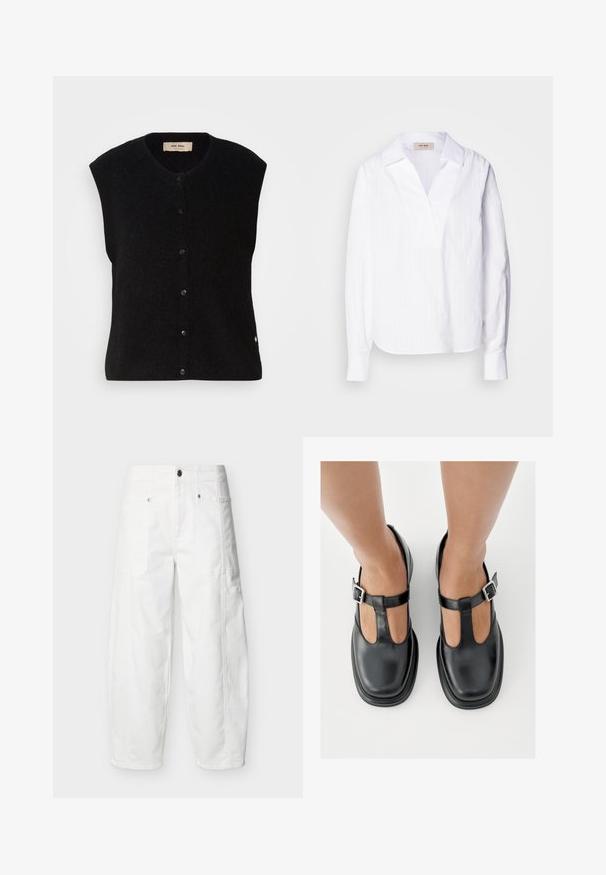 Sort uld ærmeløs vest med rund halsudskæring, frontlukning med knapper og diskret logo detalje på kanten. Blød tekstur, minimalistisk design.; Hvid langærmet skjorte lavet af letvægts tekstureret stof, med V-hals, oversize krave og subtile lodrette striber.; Hvide bukser med vidde ben, frontlommer med påsyet lommer, knaplukning og synlige sømdetaljer, vist på en ensfarvet baggrund.; Sorte lædersko med T-rem-design, lukket tå og sølvfarvede spændeaccenter. Glat tekstur med rundet tå og flad sål.