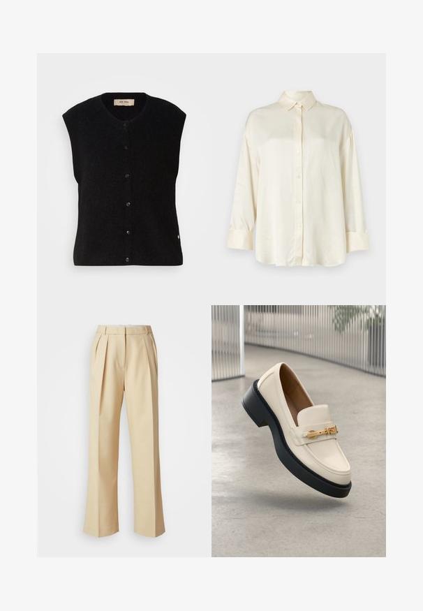 Must must vest ilma varrukatega mustas värvuses, ümmarguse kaelusega, esise nup closure ja peene logoga detail alläärs. Pehme tekstuur, minimalistlik disain.; Kreemivärvi pikkade varrukatega särk, millel on nööpidega eesmine osa, terav krae ja mansetid, valmistatud siledast kangast.; Bežid laiad püksid volditud esiosaga, siledast kangast, peidetud kinnitusega ja küljetaskutega. Struktuurne sobivus ja kohandatud disain.; Kreemikas toonis mokassiin musta tallaga ja kuldse pandlaga, paigutatud nurga all ülespoole helehallil betoonpõrandal.