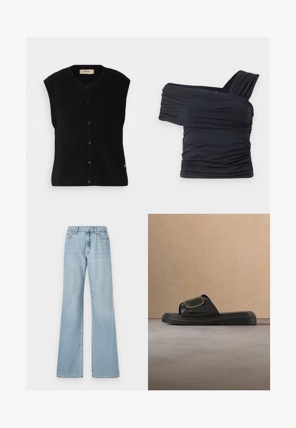 Must must vest ilma varrukatega mustas värvuses, ümmarguse kaelusega, esise nup closure ja peene logoga detail alläärs. Pehme tekstuur, minimalistlik disain.; Must mustriba mustreenipee peal pehmed kudumeeliselt ja venivast kangast, omades rikutud detaile ja laia rihma disaini ühel küljel.; Heledad sinine laiene jood koos denimist, millel on kõrge vöökoht, küljetaskud ja õrn pleekimine kogu kangas.; Mustad libisemiskindlad sandaalid laiade rihmade ja suure kuldse pandlaga, mis on asetatud beežist vaibale helepruuni diivani lähedal.
