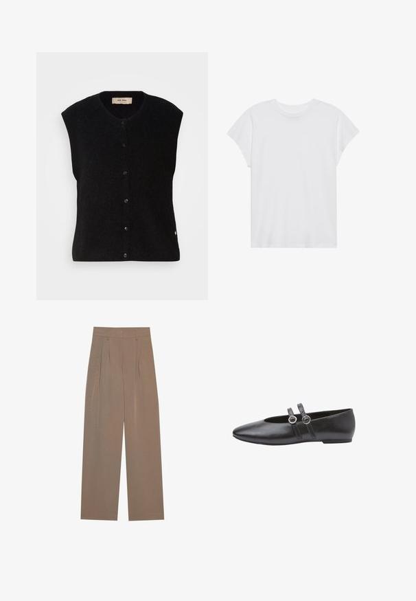 Must must vest ilma varrukatega mustas värvuses, ümmarguse kaelusega, esise nup closure ja peene logoga detail alläärs. Pehme tekstuur, minimalistlik disain.; Valge lühikeste varrukatega T-särk ümmarguse kaelusega, lõdnema sobivusega, valmistatud pehmest puuvillakangasest. Sile tekstuur, ilma mustrite ja logodeta.; Pruunid volditud püksid laia säärega disainiga, millel on lame vöökoht ja küljetaskud, valmistatud kergetest kangast.; Mustad nahast madalad kingad terava varbaga, millel on kaks rihmakest ringikujulise trukiga ja madala, lameda tallaga. Ühtlane sile tekstuur kogu kingal.