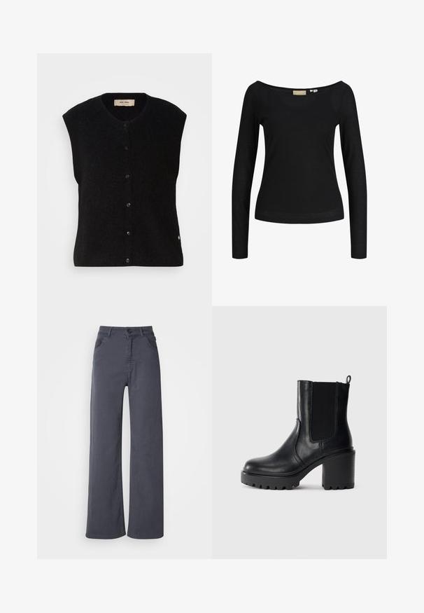 Must must vest ilma varrukatega mustas värvuses, ümmarguse kaelusega, esise nup closure ja peene logoga detail alläärs. Pehme tekstuur, minimalistlik disain.; Must seljakootud pika varrukaga sümpaatne pluus laia ümar kaelusega ja soonilise tekstuuriga, esitatud valgel taustal.; Tumedates hallid sirged püksid, millel on ees taskud, vöökohad ning nööp ja tõmblukuga kinnitamine valgel taustal.; Mustad musta nahast pahkluboot, millel on massiivne plokk-kann, elastne külgpaneel ja tõmbluku rebimise jaoks mõeldud riba, lihtsal heledal taustal.