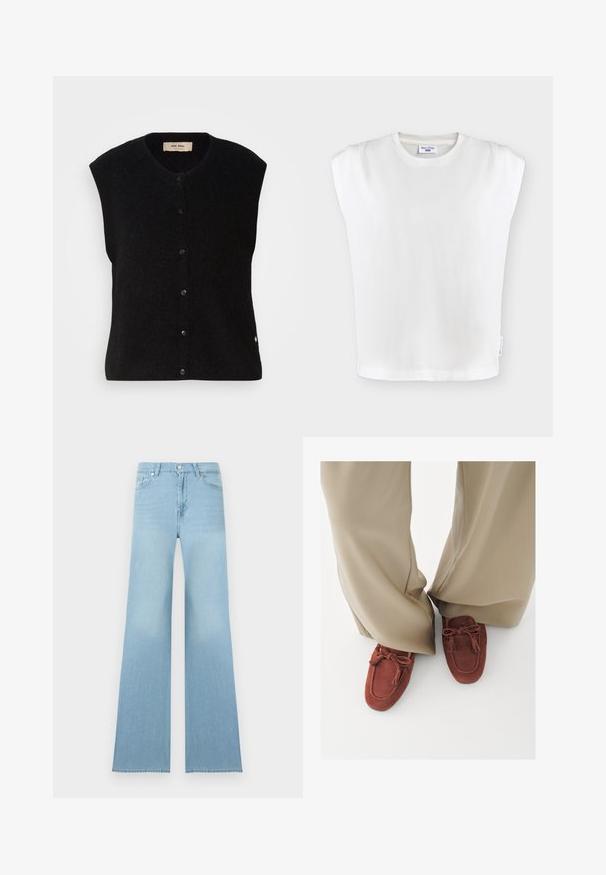 Must must vest ilma varrukatega mustas värvuses, ümmarguse kaelusega, esise nup closure ja peene logoga detail alläärs. Pehme tekstuur, minimalistlik disain.; Valge varrukateta top polsterdatud õlgadega, ümmarguse kaelusega ja väikese brändimärgiga vasakul küljeõmblusel.; Helehallid kõrge vöökohaga teksapüksid, laiade säärtega, ees nööp- ja lukk-kinnitus ning ees- ja tagataskud.; Inimene, kes kannab beeže laia jalaga pükse ja roostepunaseid seemisnahast tussidega loafereid valgel põrandal.