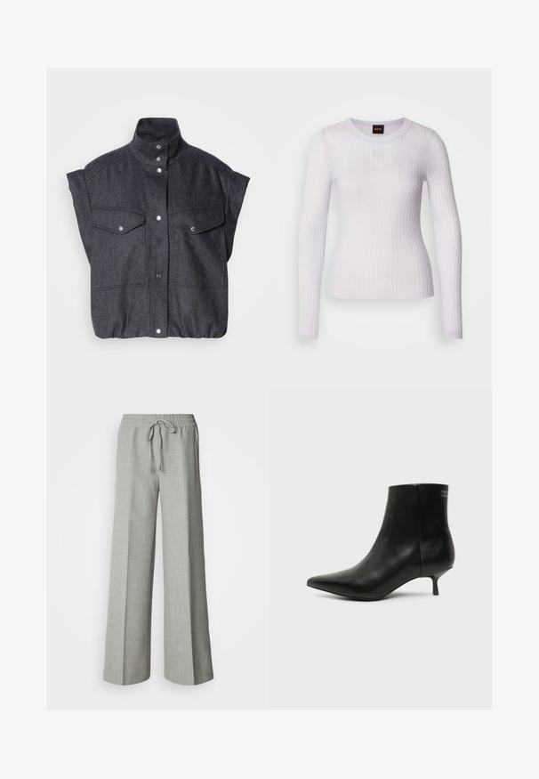 Chaqueta de manga corta gris oscuro, hecha de tejido texturizado, con cierre de botones a presión y dos bolsillos frontales con solapa. Diseño de cuello alto.; Top blanco de manga larga hecho de tela acanalada; presenta un escote redondo y un diseño ajustado con una textura sutil y detalles de costuras.; Pantalones anchos de pierna recta en gris claro con cintura elástica y cordón, bolsillos delanteros y una tela con textura sutil.; Botín de piel negra con puntera puntiaguda y tacón bajo estilo kitten sobre fondo claro, mostrando vista lateral exterior.
