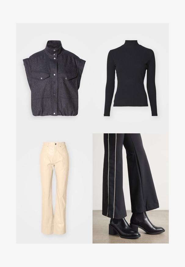 Chaqueta de manga corta gris oscuro, hecha de tejido texturizado, con cierre de botones a presión y dos bolsillos frontales con solapa. Diseño de cuello alto.; Top negro de cuello alto con costillas y mangas largas. Fabricado con una tela elástica con forma ajustada y cuello alto. Diseño simple sin adornos.; Pantalones acampanados de imitación de cuero beige con una textura suave, que cuentan con bolsillos frontales, cierre de botón y un acabado ligeramente brillante.; Botines de cuero negro con tacón cuadrado, con paneles laterales elásticos. Combinados con pantalones negros que tienen una franja blanca lateral.