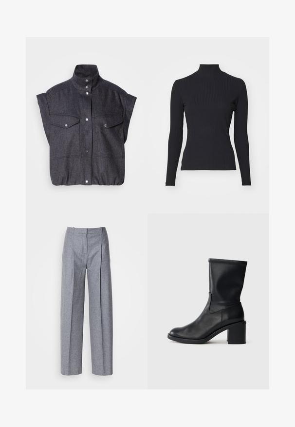 Dunkelgraue, kurzärmelige Jacke aus strukturiertem Stoff, mit Druckknopfverschluss und zwei vorderen Taschen mit Klappen. Hochkragen-Design.; Schwarzes, geripptes Rollkragenoberteil mit langen Ärmeln. Aus dehnbarem Stoff mit figurbetonter Passform und hohem Kragen. Einfaches Design ohne Verzierungen.; Helle graue weit geschnittene Hosen aus strukturiertem Stoff, mit Falten vorne und einem taillierten Bund. Minimalistisches Design, keine sichtbaren Beschläge.; Schwarze Leder-Ankle Boots mit runder Zehenform, glatter Oberfläche und dicker Absatz, ausgestattet mit einem eng anliegenden Schaft und subtilen Nähten.