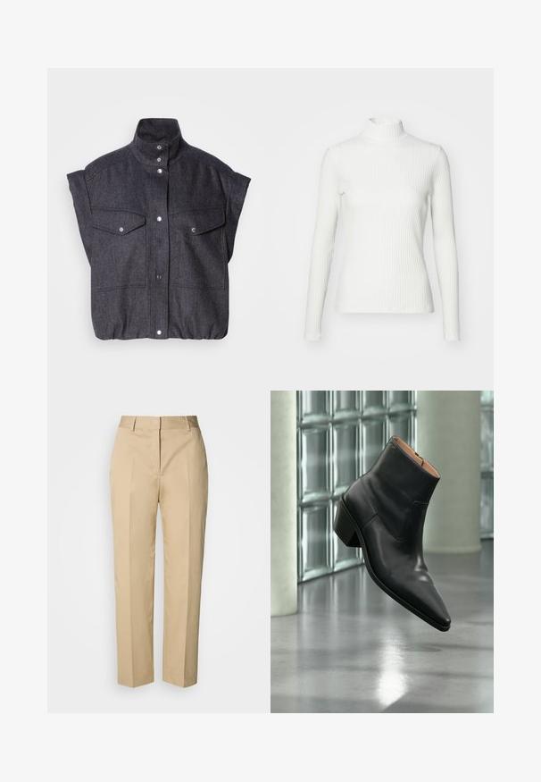 Dunkelgraue, kurzärmelige Jacke aus strukturiertem Stoff, mit Druckknopfverschluss und zwei vorderen Taschen mit Klappen. Hochkragen-Design.; Weißes geripptes Turtleneck-Oberteil mit langen Ärmeln, aus elastischem Stoff. Verfügt über ein enganliegendes Design und einen hohen Kragen für zusätzlichen Schutz.; Beige Straight-Leg-Hose mit Gürtelschlaufen, Vorderfalz und verdecktem Verschluss, präsentiert vor hellem Hintergrund.; Schwarzer Leder-Stiefelette mit spitzer Schuhspitze und Blockabsatz, der über einem reflektierenden grauen Boden nahe einer Glassteinwand schwebt.
