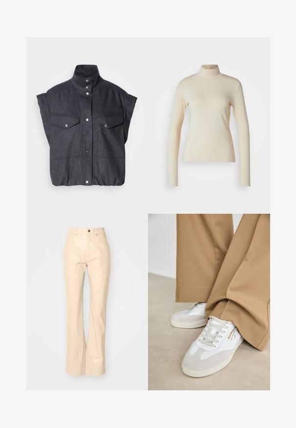 Chaqueta de manga corta gris oscuro, hecha de tejido texturizado, con cierre de botones a presión y dos bolsillos frontales con solapa. Diseño de cuello alto.; Top de manga larga de color crema con cuello alto, hecho de una tela suave y elástica; diseño ajustado con cuello alto y sin patrones o acentos visibles.; Pantalones acampanados de imitación de cuero beige con una textura suave, que cuentan con bolsillos frontales, cierre de botón y un acabado ligeramente brillante.; Zapatillas blancas con detalles de ante, cordones texturizados y suela de goma. Combinadas con un pantalón suelto en tono marrón claro. Logo exhibido en el lateral.