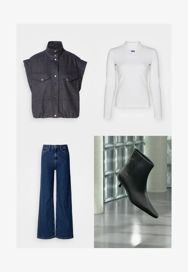 Veste courte à manches courtes, gris foncé, fabriquée en tissu texturé, avec fermeture à boutons-pression et deux poches avant à rabat. Design à col haut.; Haut à col roulé blanc à manches longues en tissu extensible, avec une coupe ajustée et un petit logo bleu sur la poitrine.; Jean large à lavage foncé en denim, doté d'une taille haute, d'un design classique à cinq poches et de détails de couture subtils le long des coutures.; Bottine en cuir noir à bout pointu et petit talon kitten, présentée en angle devant un sol poli et un mur en blocs de verre.