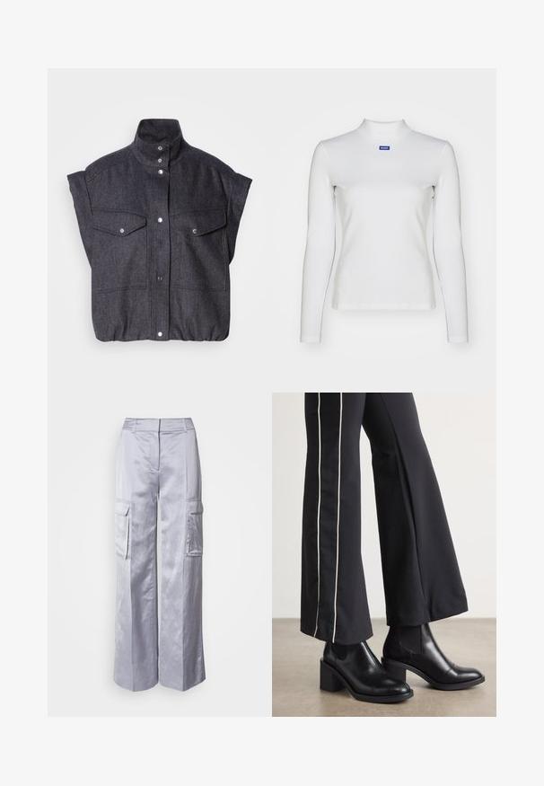 Dunkelgraue, kurzärmelige Jacke aus strukturiertem Stoff, mit Druckknopfverschluss und zwei vorderen Taschen mit Klappen. Hochkragen-Design.; Weißes langärmliges Rollkragenshirt aus dehnbarem Material mit taillierter Passform und kleinem blauen Logo auf der Brust.; Hellegraue, weit geschnittene Cargo-Hosen aus glattem Stoff, mit Seitentaschen, einem taillierten Bund und ohne sichtbare Verschlüsse oder Reißverschlüsse.; Schwarze Lederstiefeletten mit einem Blockabsatz, ausgestattet mit elastischen seitlichen Einsätzen. Kombiniert mit schwarzen Hosen, die einen weißen Seitenstreifen haben.