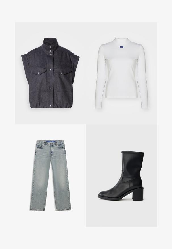 Dunkelgraue, kurzärmelige Jacke aus strukturiertem Stoff, mit Druckknopfverschluss und zwei vorderen Taschen mit Klappen. Hochkragen-Design.; Weißes langärmliges Rollkragenshirt aus dehnbarem Material mit taillierter Passform und kleinem blauen Logo auf der Brust.; Hellblaue Jeans mit weitem Bein aus Denim, mit ausgewaschenen Stellen, fünf Taschen und einem blauen, gebrandeten Taillenbund.; Schwarze Leder-Ankle Boots mit runder Zehenform, glatter Oberfläche und dicker Absatz, ausgestattet mit einem eng anliegenden Schaft und subtilen Nähten.