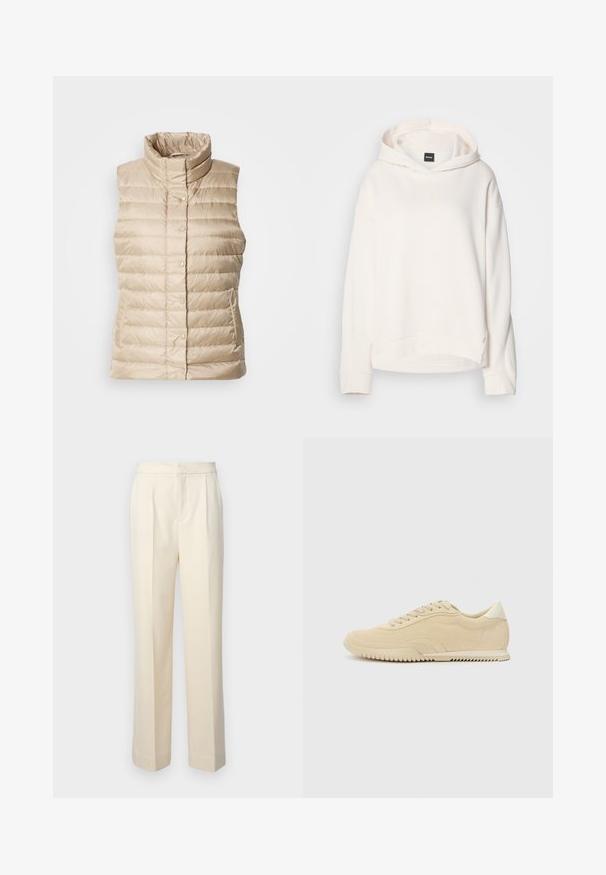 Beige gewatteerde vest met een hoge kraag, horizontale stiksels, drukknoopsluitingen en twee zijzakken; gladde, lichte en gestikte textuur.; Crème kleurige hoodie van zacht materiaal, met een capuchon met trekkoord, ribgebreide manchetten en een klein logo op de voorkant. Ontworpen in een comfortabele pasvorm.; Op maat gemaakte crèmekleurige broeken met een rechte pijp, voorzien van voorplooien en een gladde afwerking. De tailleband is plat en zonder versieringen.; Beige nubuck sneaker met vetersluiting, gestructureerde bovenkant, contrasterende rubberen zool en een lichte hak. Minimalistische stijl met subtiele branding.
