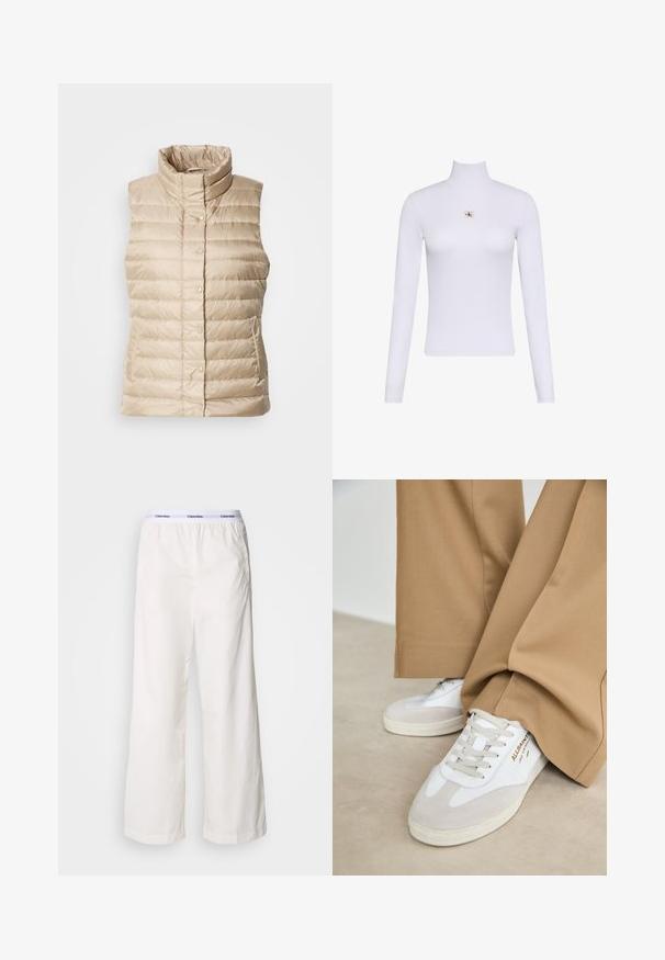 Beige puffer vest med høj krave, horisontale syninger, trykknapper og to sidelommer; glat, let og quiltet tekstur.; Hvid langærmet rullekravetrøje med en lille Calvin Klein logo lap placeret centralt på brystet.; Hvide brede bukser med elastisk talje og et kontrasterende Calvin Klein-logo. Fremstillet af glat stof, giver de en afslappet pasform.; Hvide sneakers med ruskinddetaljer, strukturerede snørebånd og gummisål. Kombineret med løse, brune bukser. Logoet er vist på siden.