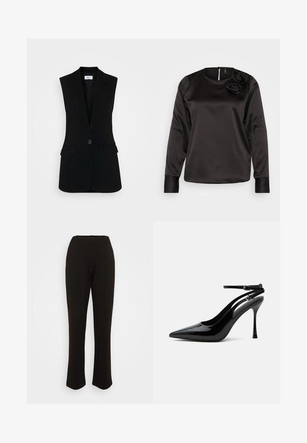 Čierna bezrukávová vesta s prispôsobeným dizajnom, so zapínaním na jeden gombík, štruktúrovanými klopami a bočnými vreckami.; Vero Moda VMLIS O NECK ROSE - Top s dlhým rukávom - black; Čierne nohavice so strihom priamo na nohe, vyrobené z hladkej tkaniny. Obsahujú predné švy a pás.; Čierna lodička z lakovanej kože na vysokom podpätku s ostrou špičkou a dvojitými remienkami na členku so striebornými prackami.