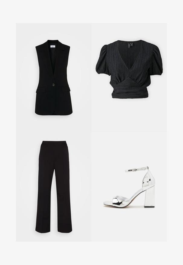 Chaleco negro sin mangas con un diseño ajustado, que presenta un cierre de un solo botón, solapas estructuradas y bolsillos laterales.; Blusa negra de manga corta con escote en V, que presenta una tela texturizada, mangas fruncidas y un diseño de cintura fruncida.; Monki Pantalones - black; Sandalia de tacón alto plateada con tacón cuadrado, punta al aire y tira en el tobillo. Presenta un acabado de charol brillante y una plantilla acolchada.