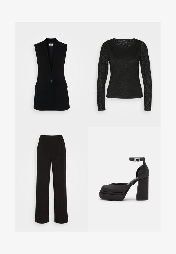 Chaleco negro sin mangas con un diseño ajustado, que presenta un cierre de un solo botón, solapas estructuradas y bolsillos laterales.; JDY JDYKIMMIE CUFF - Blusa - black; Vero Moda VMZELDA PULL ON WIDE PANT - Pantalones - black; Zapatos de tacón con plataforma negra, punta redondeada, tejido mate, tacón alto y cuadrado, correa ajustable en el tobillo y sutil detalle de costura.