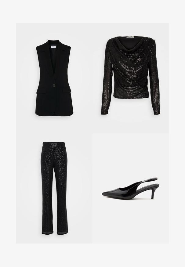 Čierna bezrukávová vesta s prispôsobeným dizajnom, so zapínaním na jeden gombík, štruktúrovanými klopami a bočnými vreckami.; JDY JDYCARMEN GLITTER FALL BLOUSE - Top s dlhým rukávom - black; Čierne nohavice so flitrami s dizajnom rozšírených nohavíc, s textúrovaným povrchom a rovnomerne rozloženými žiarivými flitrami po celom obvode.; Čierna dámska obuv so špicatou špičkou, remienkom na päte a nízkym kitten heel podpätkom, na remienku je rad malých priehľadných trblietok, na bielom pozadí.