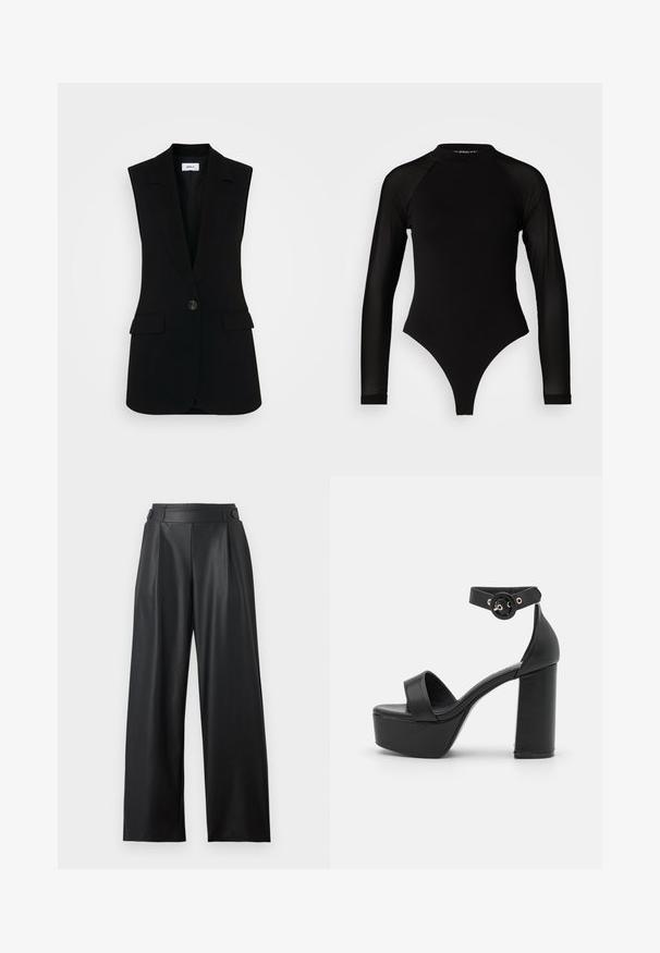 Zwarte mouwloze vest met een op maat gemaakt ontwerp, voorzien van een enkele knoopsluiting, gestructureerde revers en zijzakken.; Zwart langemouwen bodysuit met hoge hals, met een ondoorzichtige stof op het lichaam en transparante mouwtjes, ontworpen in een fitted model.; Zwarte wijde nepleren broek met hoge taille, knoopdetails op de tailleband en plooien aan de voorkant.; LAMODA WONDERLAND - Sandalen met hoge hak - black
