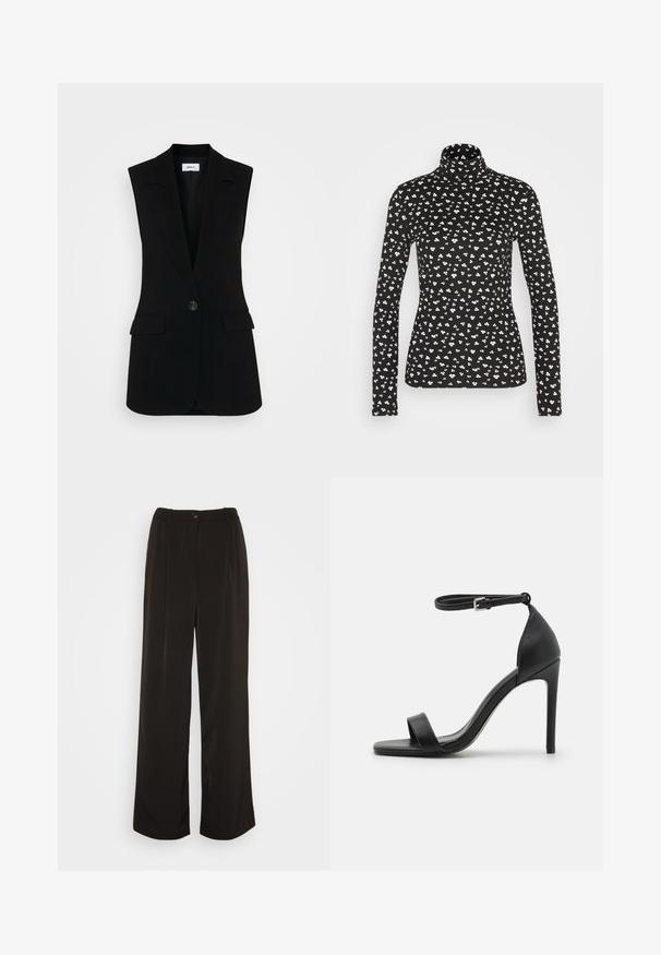 Chaleco negro sin mangas con un diseño ajustado, que presenta un cierre de un solo botón, solapas estructuradas y bolsillos laterales.; Pieces PCNALA HIGH NECK - Camiseta de manga larga - black; Vero Moda Wide leg VMLUNADESI Mid waist - Pantalones - black; Sandalia de tacón alto negra con un diseño elegante, que cuenta con una correa en el tobillo, punta abierta y una textura de cuero suave.