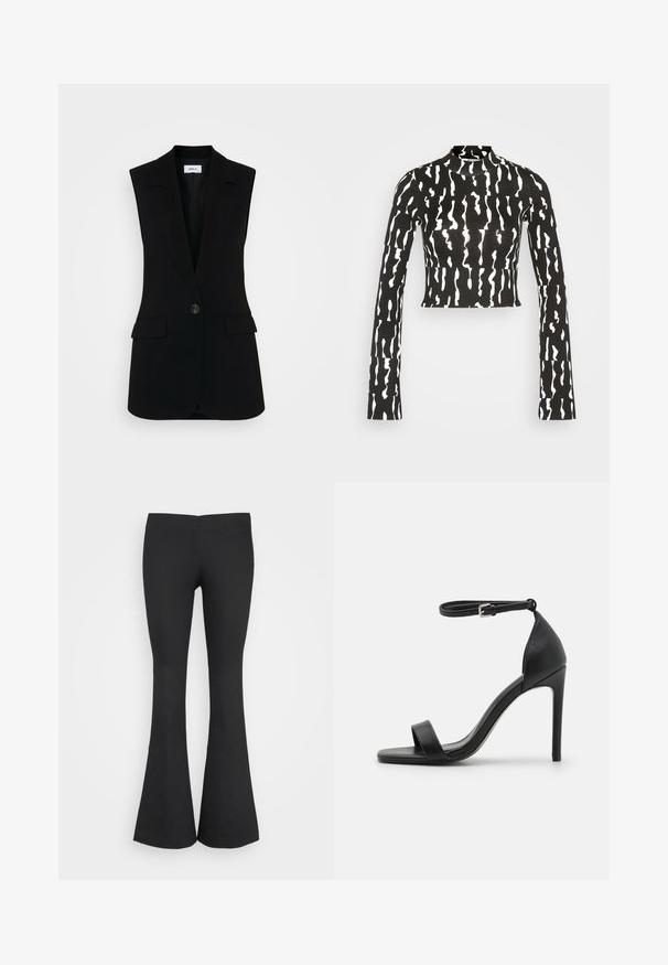 Sorte ærmeløs vest med skræddersyet design, der har en enkelt knaplukning, strukturerede revers og sidelommer.; Monki Langærmet T-shirt - black; Monki Bukser - black; Sort højhælet sandal med et sleek design, der har en ankelrem, åben tå og glat lædertekstur.