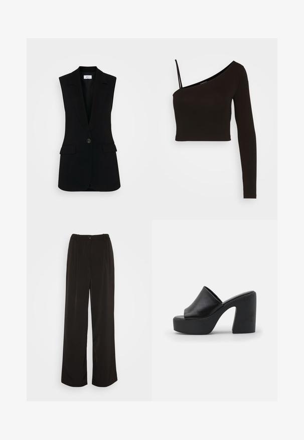 Zwarte mouwloze vest met een op maat gemaakt ontwerp, voorzien van een enkele knoopsluiting, gestructureerde revers en zijzakken.; Even&Odd Longsleeve - black; Vero Moda Wide leg VMLUNADESI Mid waist - Broek - black; Zwarte hoge hakken mules met een glad leren bovenwerk en een dikke plateauzool, met een open teen en een schuin blokhak ontwerp.