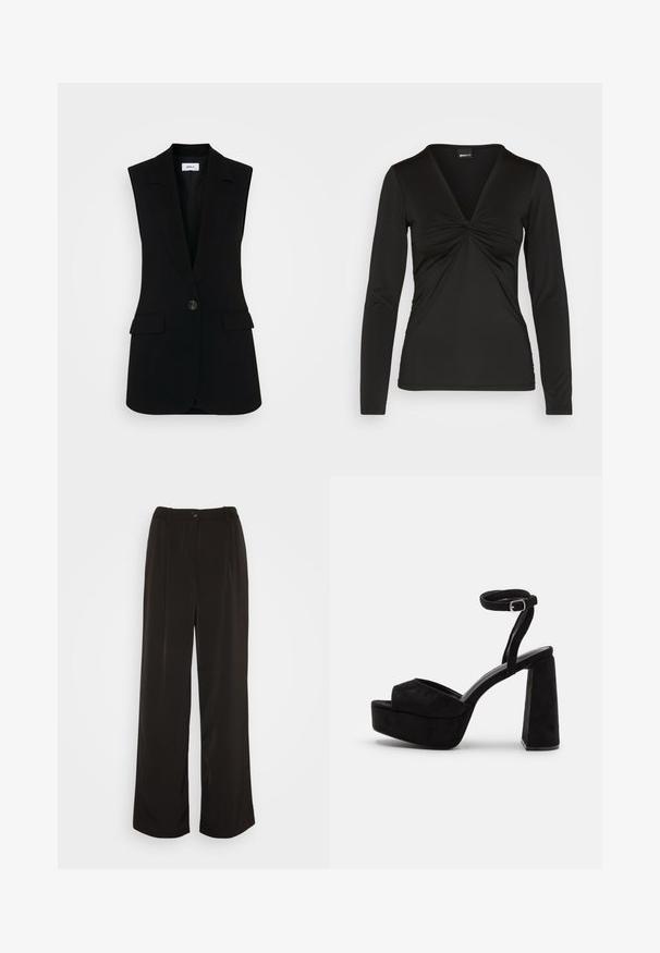 Zwarte mouwloze vest met een op maat gemaakt ontwerp, voorzien van een enkele knoopsluiting, gestructureerde revers en zijzakken.; Gina Tricot PARTY TWISTED - Longsleeve - black; Vero Moda Wide leg VMLUNADESI Mid waist - Broek - black; Zwarte platform sandalen met een suède textuur, brede voorkantstrap, enkelschoen met gesp en chunky blokhak. Strak en modern ontwerp.