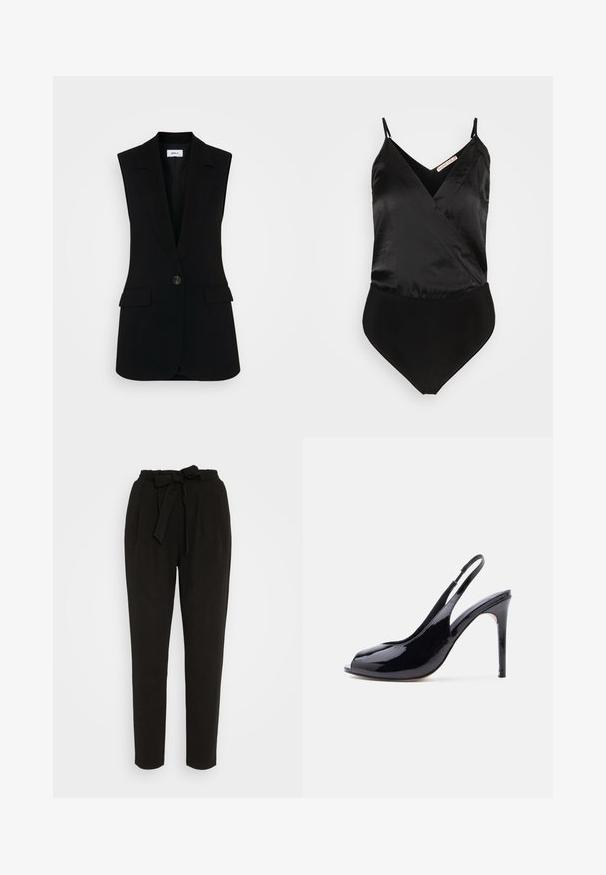 Zwarte mouwloze vest met een op maat gemaakt ontwerp, voorzien van een enkele knoopsluiting, gestructureerde revers en zijzakken.; Anna Field Top - black; Zwarte geweven broeken met een hoge tailleband, verstelbare strikdetail, taps toelopende pijpen en een zachte textuur. Geschikt voor verschillende gelegenheden.; Zwarte slingback hoge hakken van lakleer met open teen en stilettohak op een effen witte achtergrond.