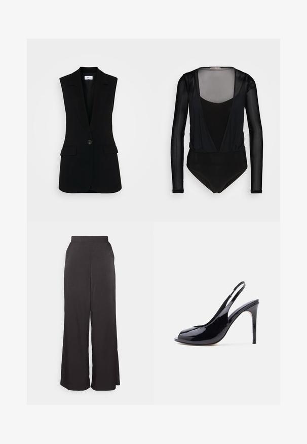 Zwarte mouwloze vest met een op maat gemaakt ontwerp, voorzien van een enkele knoopsluiting, gestructureerde revers en zijzakken.; Zwart bodysuit met lange doorschijnende mouwen, een diepe V-halsontwerp en een getailleerde textuur met een gladde binnenlaag.; Wijde broek van zwart fabric, met een hoge taille en zijzakken, een gladde textuur en zonder zichtbare patronen of hardware.; Zwarte slingback hoge hakken van lakleer met open teen en stilettohak op een effen witte achtergrond.