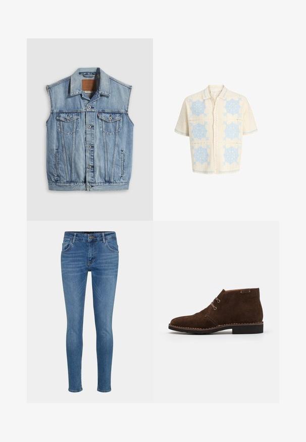Denimvest i lyseblå med spidse krave, knapper foran, to brystlommer og sidelommer; har et lædermærke med mærket.; Kortærmet strikket skjorte i cremefarve med blå geometriske blomsterprint, knapper foran og spidst krave.; Slanke jeans lavet af blåt denim, med et klassisk fem-lomme design, subtilt slidte og en lynlås med knaplukning i taljen.; Brune ruskinds ankelstøvler med en rund tå, kvalitetsstikning, snørebåndslukning og en lav gummihæl. Enkel, klassisk design.
