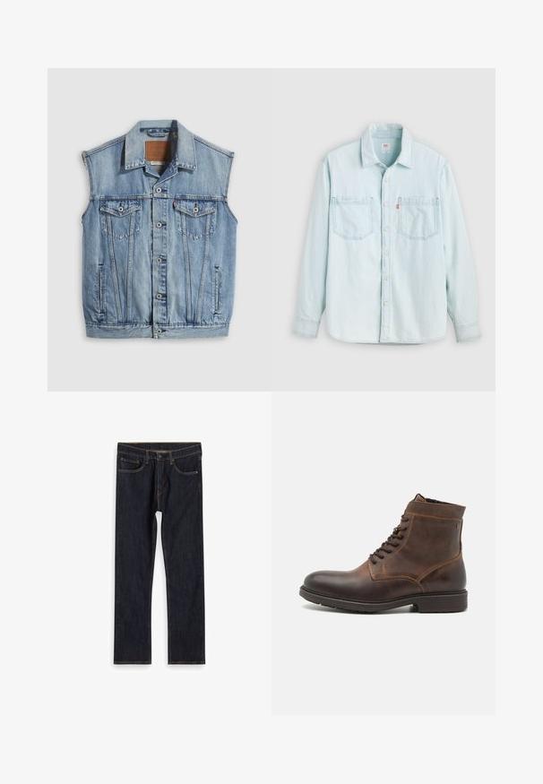 Denimvest in lichtblauw met een puntige kraag, knoopsluiting aan de voorkant, twee borstzakken en zijzakken; voorzien van een lederen merkpatch.; Lichtblauw denim overhemd met lange mouwen, knopen aan de voorkant, twee borstzakken en een kraag, afgebeeld tegen een effen lichte achtergrond.; Donkerblauwe recht gesneden denim jeans met voorkruiken, riemlussen en contrasterende oranje stiksels, plat gelegd op een witte achtergrond.; Jack & Jones JFWDELANEY BOOT - Veterboots - cognac