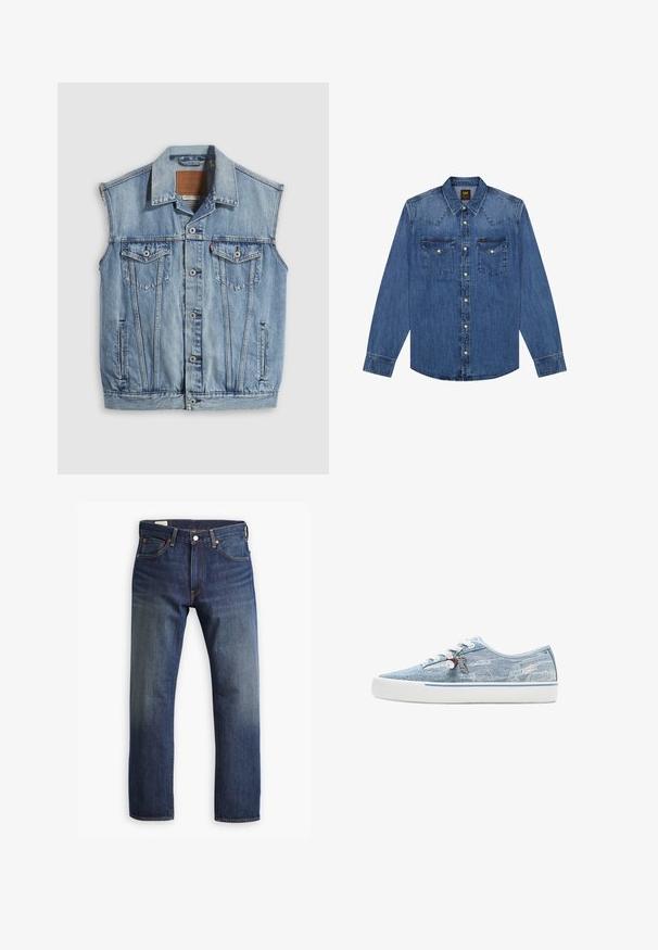 Denimvest i lyseblå med spidse krave, knapper foran, to brystlommer og sidelommer; har et lædermærke med mærket.; Blå denim langærmet skjorte med knapper, to brystlommer og spids nakkesøm, mærket med en lille Lee-etiket på højre lomme.; Mørkeblå denim jeans med lige ben design, der har en klassisk fem-lomme stil, metalknaplukning og synlige stikninger.; Lavtopet sneaker i lyseblåt denim med hvid gummisål, hvide snørebånd og dekorative charms, der hænger fra de sideplacerede snørehuller.