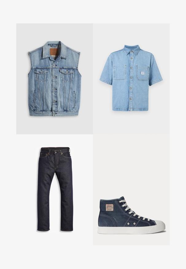 Denimvest i lyseblå med spidse krave, knapper foran, to brystlommer og sidelommer; har et lædermærke med mærket.; Lyseblå kortærmet denimskjorte med knapper foran, to brystlommer og Lee-mærke på højre lomme.; Mørkeblå denimjeans med lige snit, fem-lomme design, metalbeslag og kontrasterende orange syninger. Glat tekstur, ingen synlige mønstre.; Marineblå højtop-sneaker med hvide snørebånd, hvid gummisål, metaløjer og et lille beige mærke på ankelen.