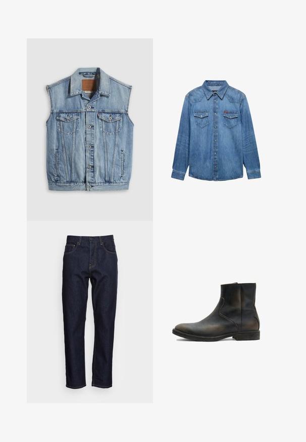 Denimvest in lichtblauw met een puntige kraag, knoopsluiting aan de voorkant, twee borstzakken en zijzakken; voorzien van een lederen merkpatch.; Blauw denim overhemd met lange mouwen, knoopsluiting aan de voorkant, twee borstzakken met knoopflappen en een puntige kraag.; Donkerblauwe spijkerbroeken met een rechte snit, vijf zakken en contrasterende gele stiksels. Ontworpen met een klassieke knoop- en ritssluiting.; AllSaints LANG - Lage laarzen - brown