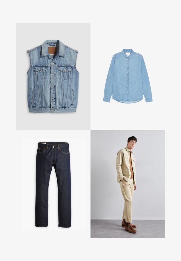 Denimvest i lyseblå med spidse krave, knapper foran, to brystlommer og sidelommer; har et lædermærke med mærket.; Lyseblå denimskjorte med knapper, lange ærmer, spidst krave og afrundet kant. Har knaplukning foran og lille logodetalje.; Mørkeblå denimjeans med lige ben, orange syninger og fem lomme-design med metalspænde.; Beige bomuldsjakke med to brystlommer over en brun skjorte og matchende beige bukser. Brune læder ankelstøvler fuldender outfittet.