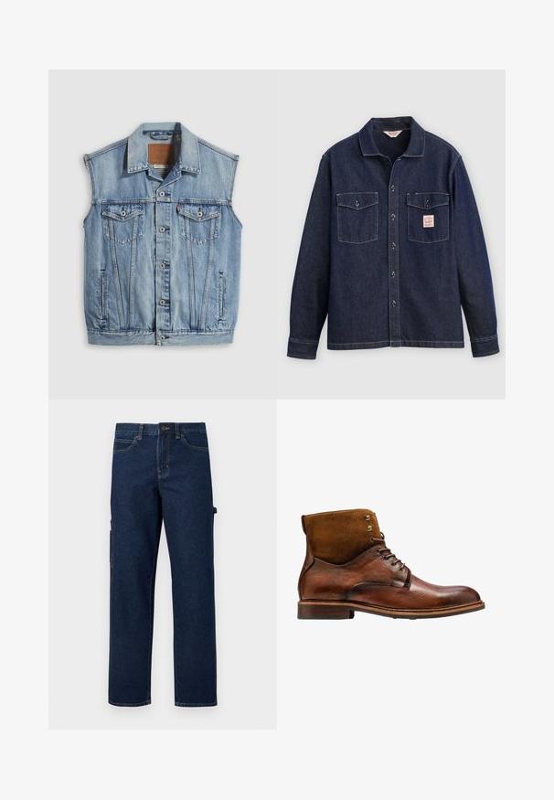 Denimvest i lyseblå med spidse krave, knapper foran, to brystlommer og sidelommer; har et lædermærke med mærket.; Mørk denimskjorte med krave, to brystlommer og knaplukning foran. Har kontrastsyninger og en label på venstre lomme.; Mørkeblå denim cargobukser med lige ben, sidelommer og kontrastsyning. Har knaplukning og bæltestropper.; Kazar ALID - Snørestøvletter - brown