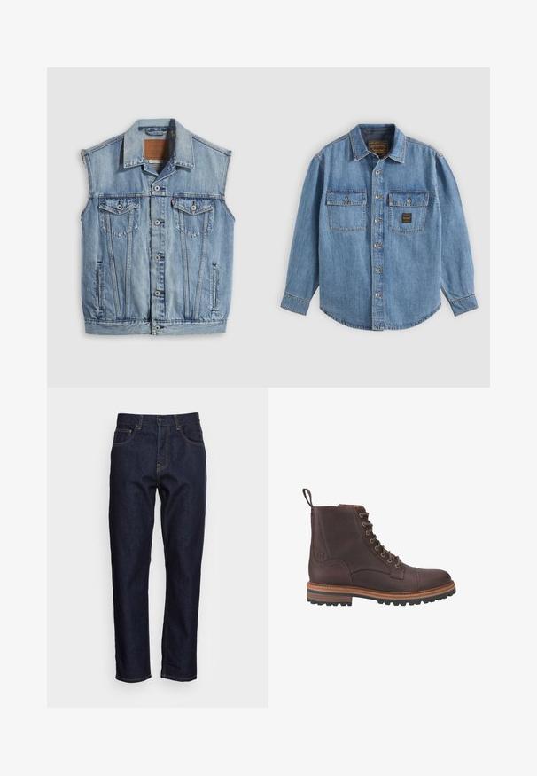 Denimvest i lyseblå med spidse krave, knapper foran, to brystlommer og sidelommer; har et lædermærke med mærket.; Blå denim skjorte med knapper, lange ærmer og to brystlommer, hvoraf den ene har en lille sort og guld lap.; Mørkeblå denimjeans med lige pasform, fem lommer og kontrasterende gul syning. Designet med en klassisk knap- og lynlåslukning.; Brune læder støvler med snørebånd ved anklen, med en tekstureret overflade, kontrasterende beige såler og metaløjer. Har en trækflig for nem påtagning.