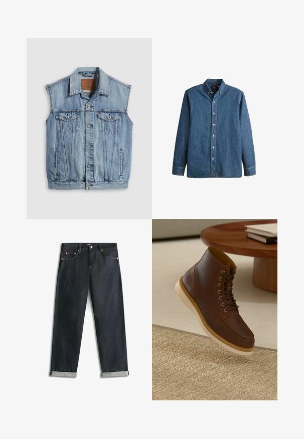 Denimvest i lyseblå med spidse krave, knapper foran, to brystlommer og sidelommer; har et lædermærke med mærket.; Denim button-up skjorte i mellemblå, med lange ærmer, spidse kraver, hvide knapper og en tætsiddende pasform med diskret logo broderi.; Mørkeblå denimjeans med opsmøgede bukseben, fem lommer og kontrastsyning, lagt fladt på en hvid baggrund.; Brune læderankelstøvle med beige sål på et struktureret beige tæppe ved siden af et rundt træbord med stakke af bøger.