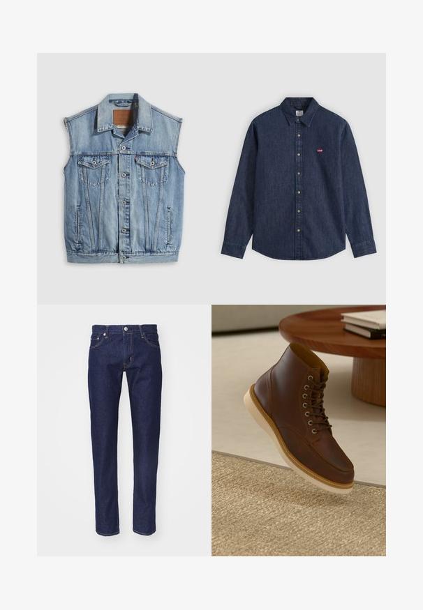 Denimvest in lichtblauw met een puntige kraag, knoopsluiting aan de voorkant, twee borstzakken en zijzakken; voorzien van een lederen merkpatch.; Donkerblauw denim overhemd met lange mouwen, knoopsluiting, puntkraag en klein rood Levi's-logo op de linkerborst.; Marineblauwe denim spijkerbroek met een rechte pasvorm, vijf-pocket ontwerp, contrasterende oranje stiksels en een zilveren knoopsluiting aan de taille.; Bruine leren enkelboot met beige zool op een gestructureerd beige vloerkleed naast een ronde houten tafel met opgestapelde boeken.