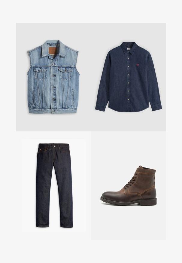 Denimvest in lichtblauw met een puntige kraag, knoopsluiting aan de voorkant, twee borstzakken en zijzakken; voorzien van een lederen merkpatch.; Donkerblauw denim overhemd met lange mouwen, knoopsluiting, puntkraag en klein rood Levi's-logo op de linkerborst.; Donkerblauwe spijkerbroek met een rechte pasvorm, vijf zakken, koperen klinknagels, gele stiksels en een duidelijke textuur in de stof.; Jack & Jones JFWDELANEY BOOT - Veterboots - cognac
